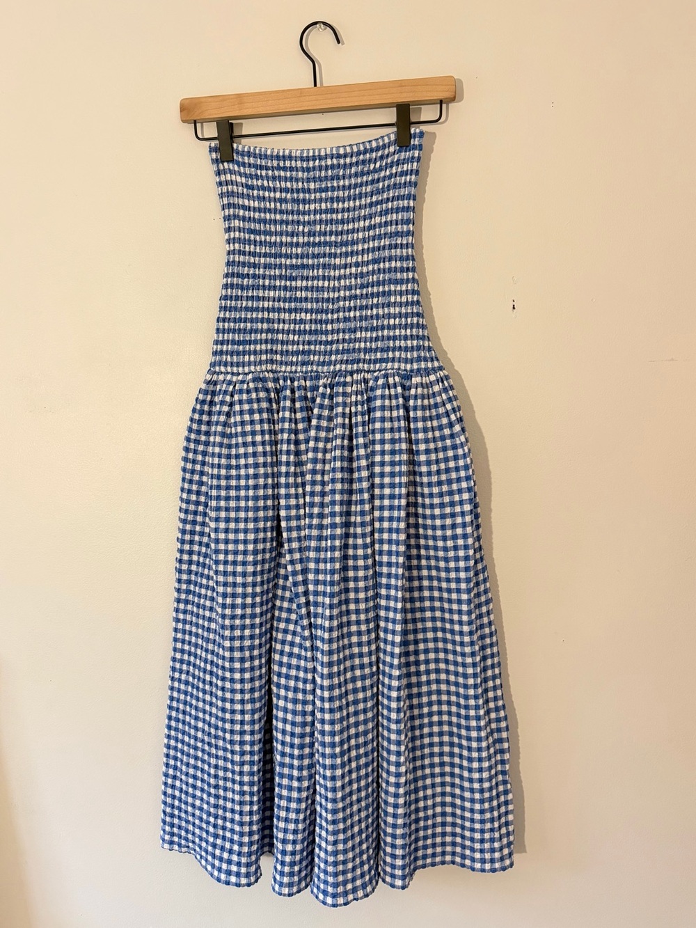 Anthropologie Maeve Blue Gingham Strapless Midi Dress - Picture 2 of 7